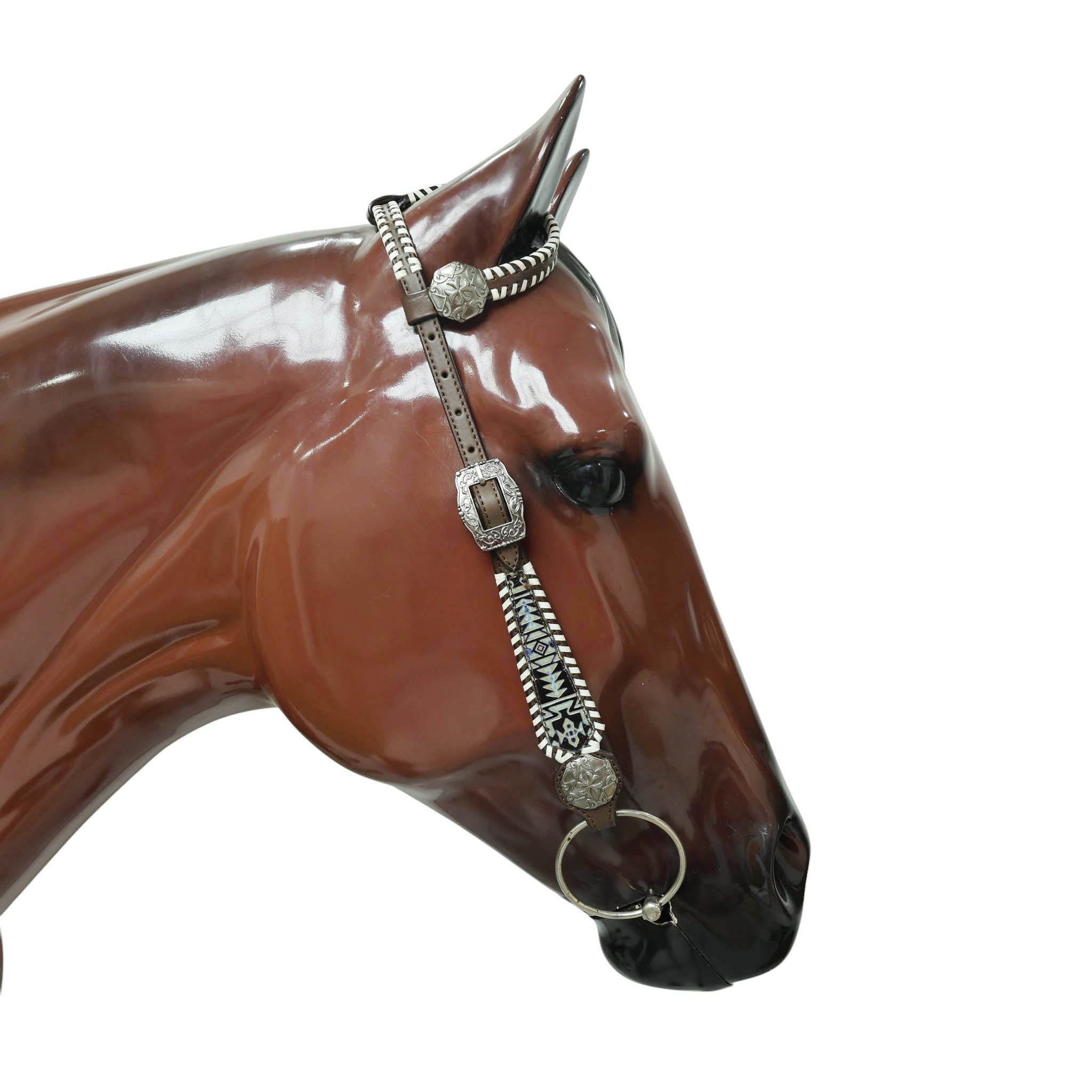 Western Leather Headstall &amp; Breast Collar Set – Navy &amp; Black Aztec Embossed Leather
