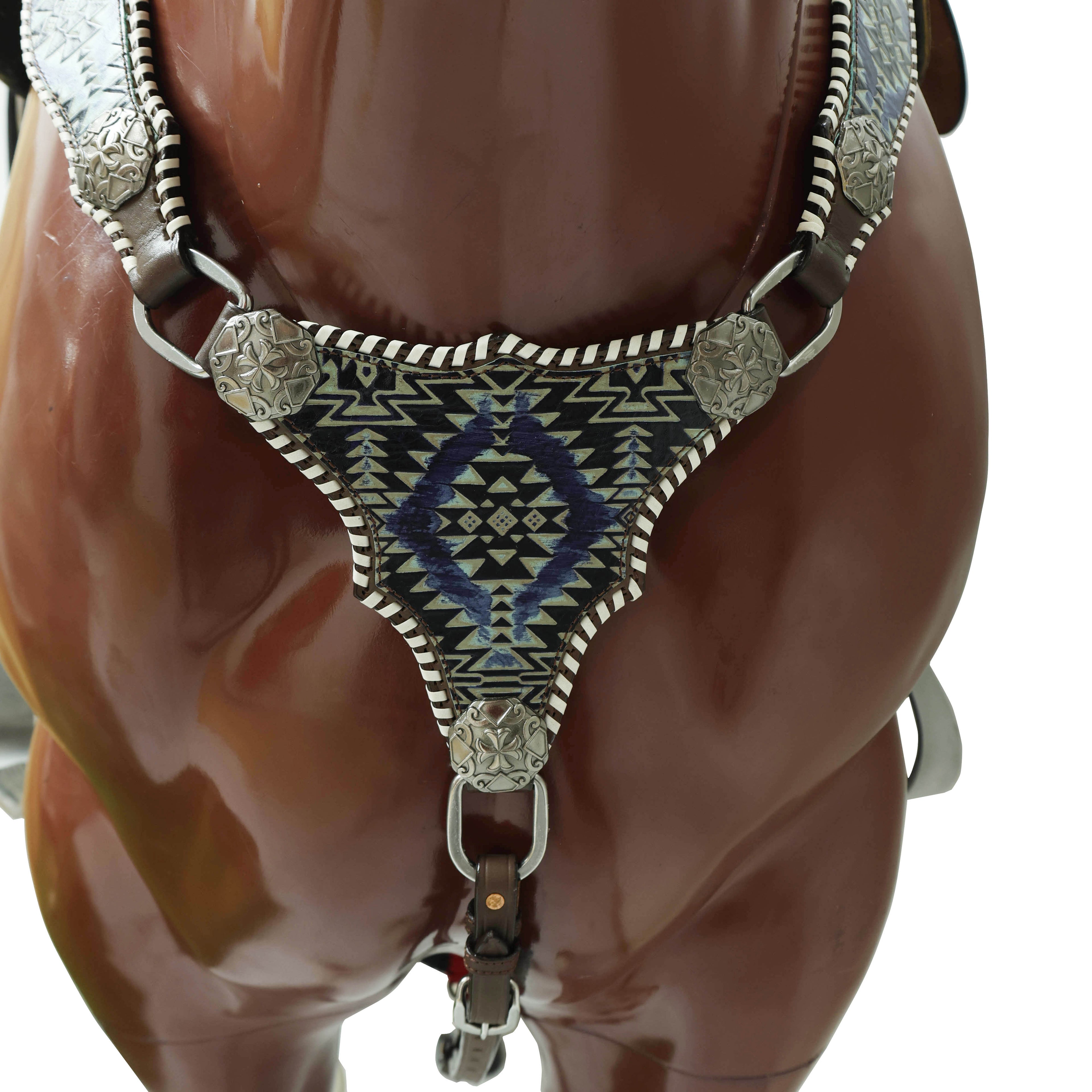 Western Leather Headstall &amp; Breast Collar Set – Navy &amp; Black Aztec Embossed Leather
