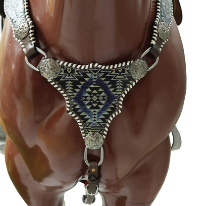 Western Leather Headstall &amp; Breast Collar Set – Navy &amp; Black Aztec Embossed Leather