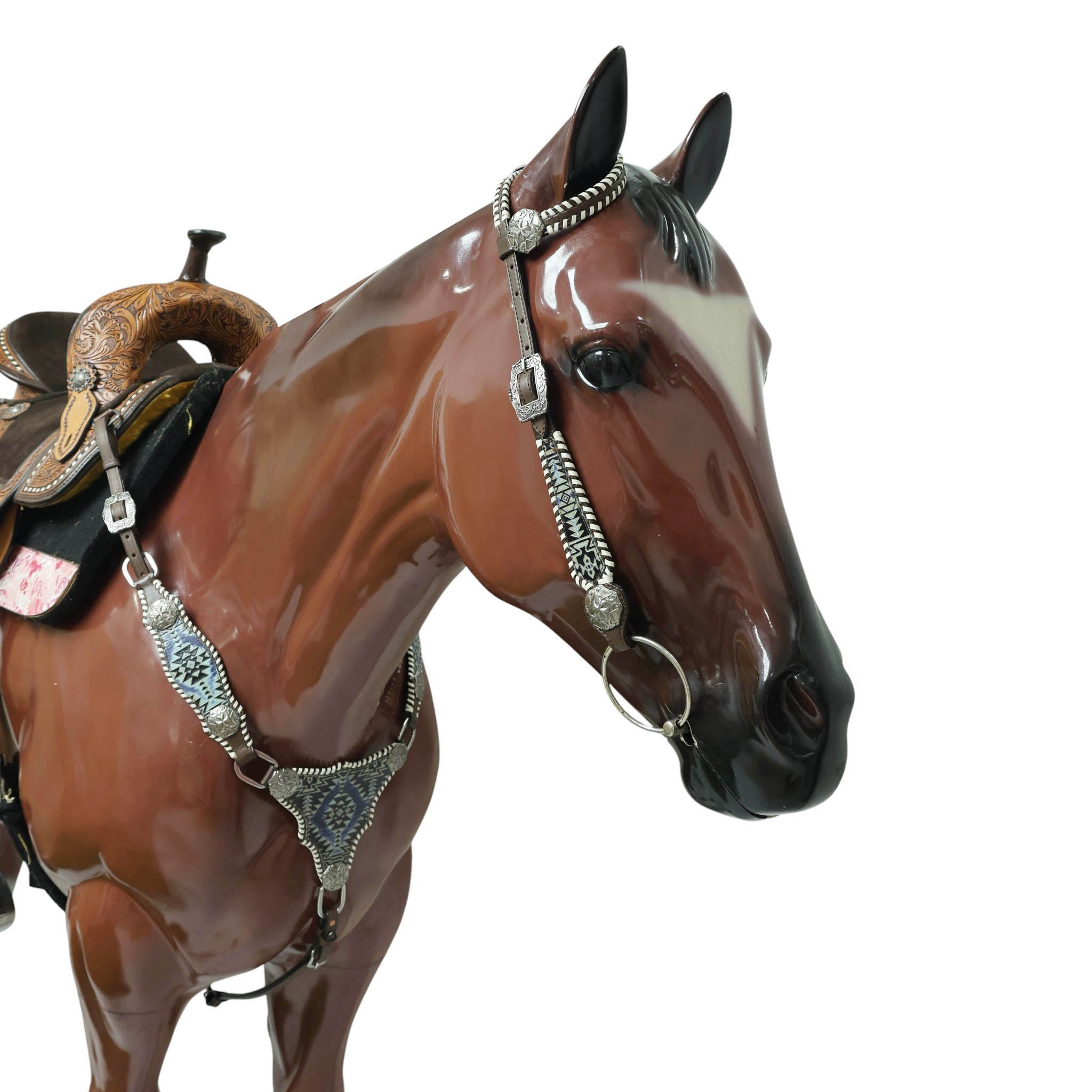 Western Leather Headstall &amp; Breast Collar Set – Navy &amp; Black Aztec Embossed Leather