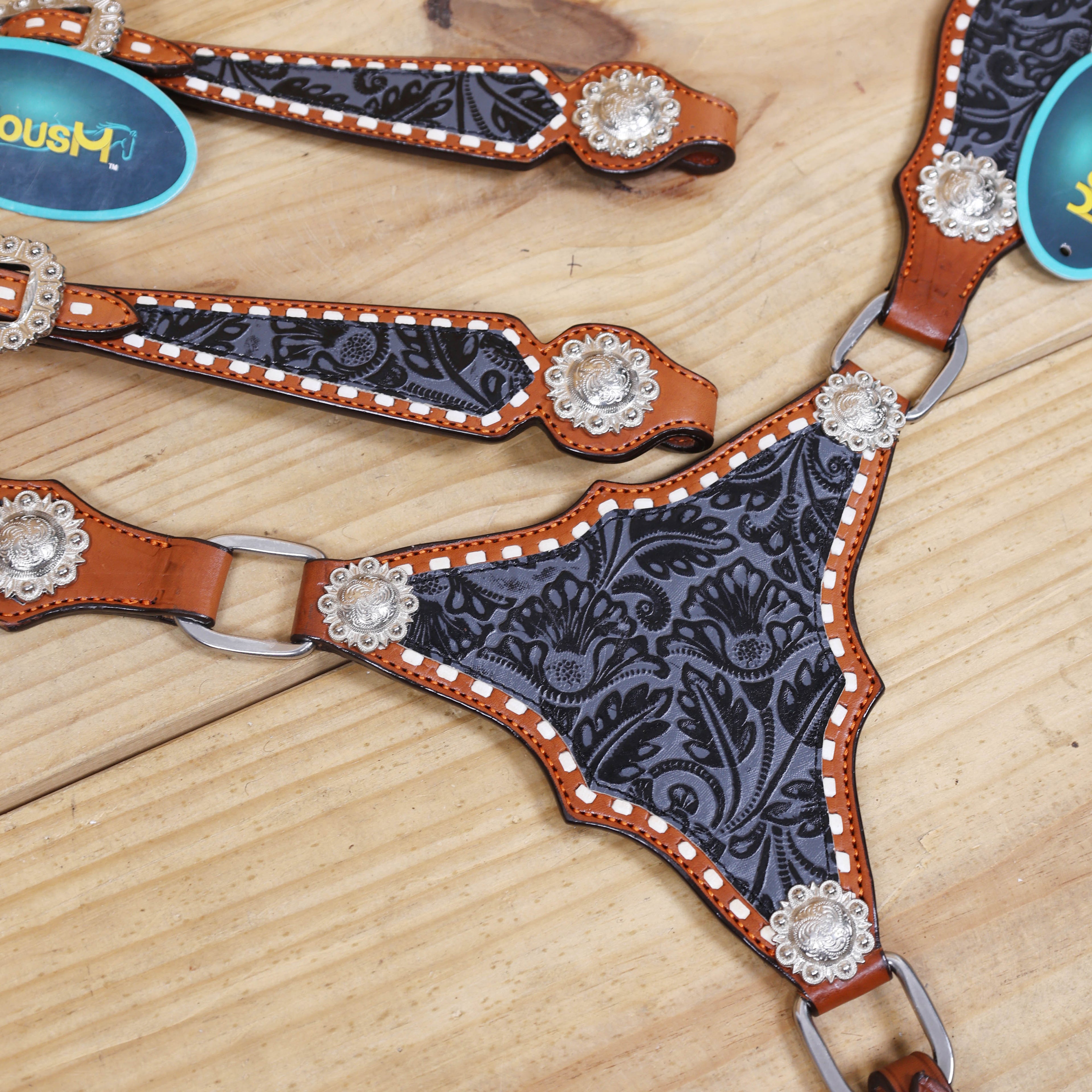 Western Leather Headstall &amp; Breast Collar Set – Grey &amp; Black Flower Embossed Leather