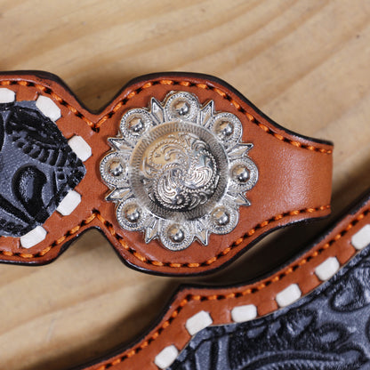Western Leather Headstall &amp; Breast Collar Set – Grey &amp; Black Flower Embossed Leather