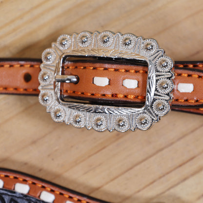 Western Leather Headstall &amp; Breast Collar Set – Grey &amp; Black Flower Embossed Leather