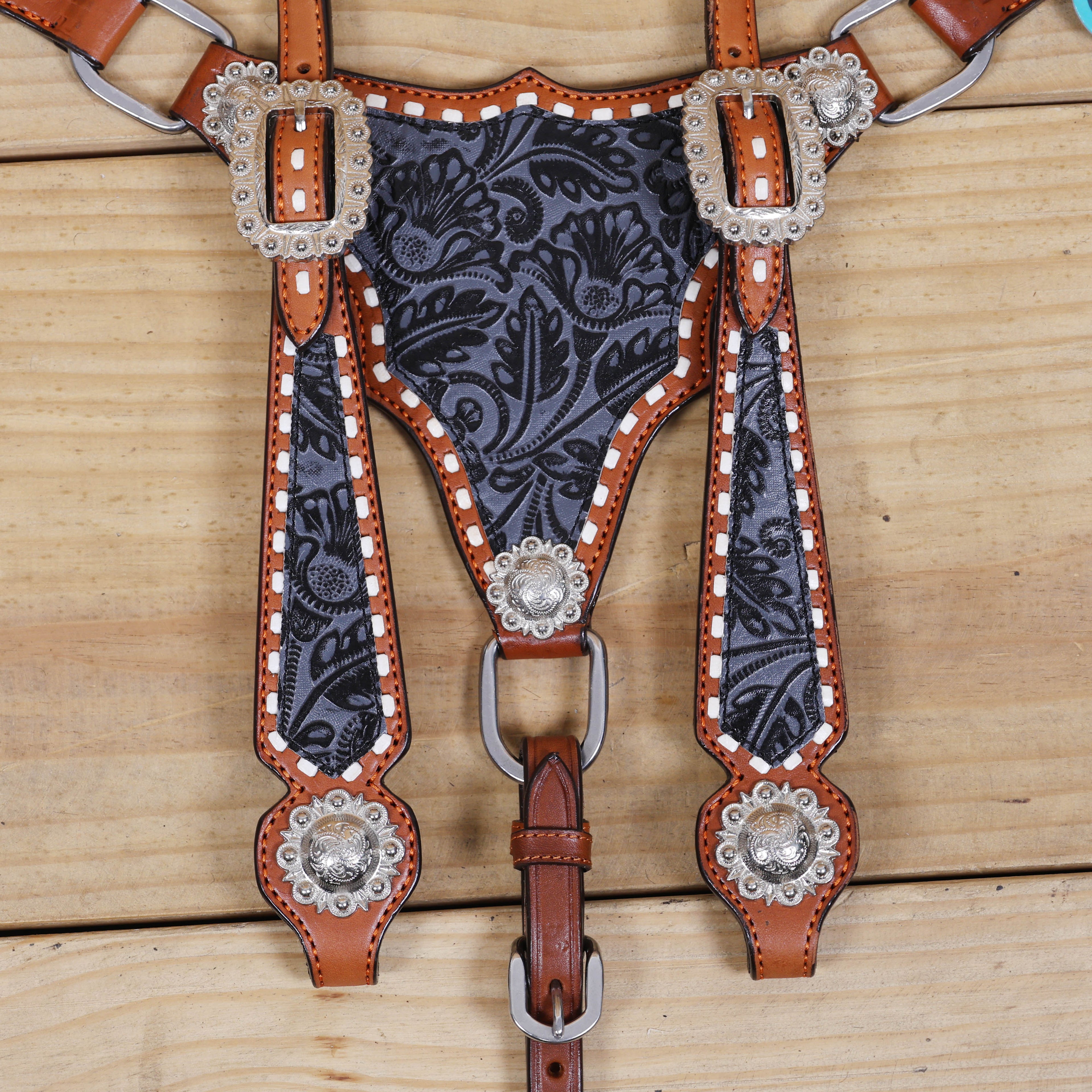 Western Leather Headstall &amp; Breast Collar Set – Grey &amp; Black Flower Embossed Leather