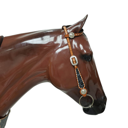 Western Leather Headstall &amp; Breast Collar Set – Grey &amp; Black Flower Embossed Leather