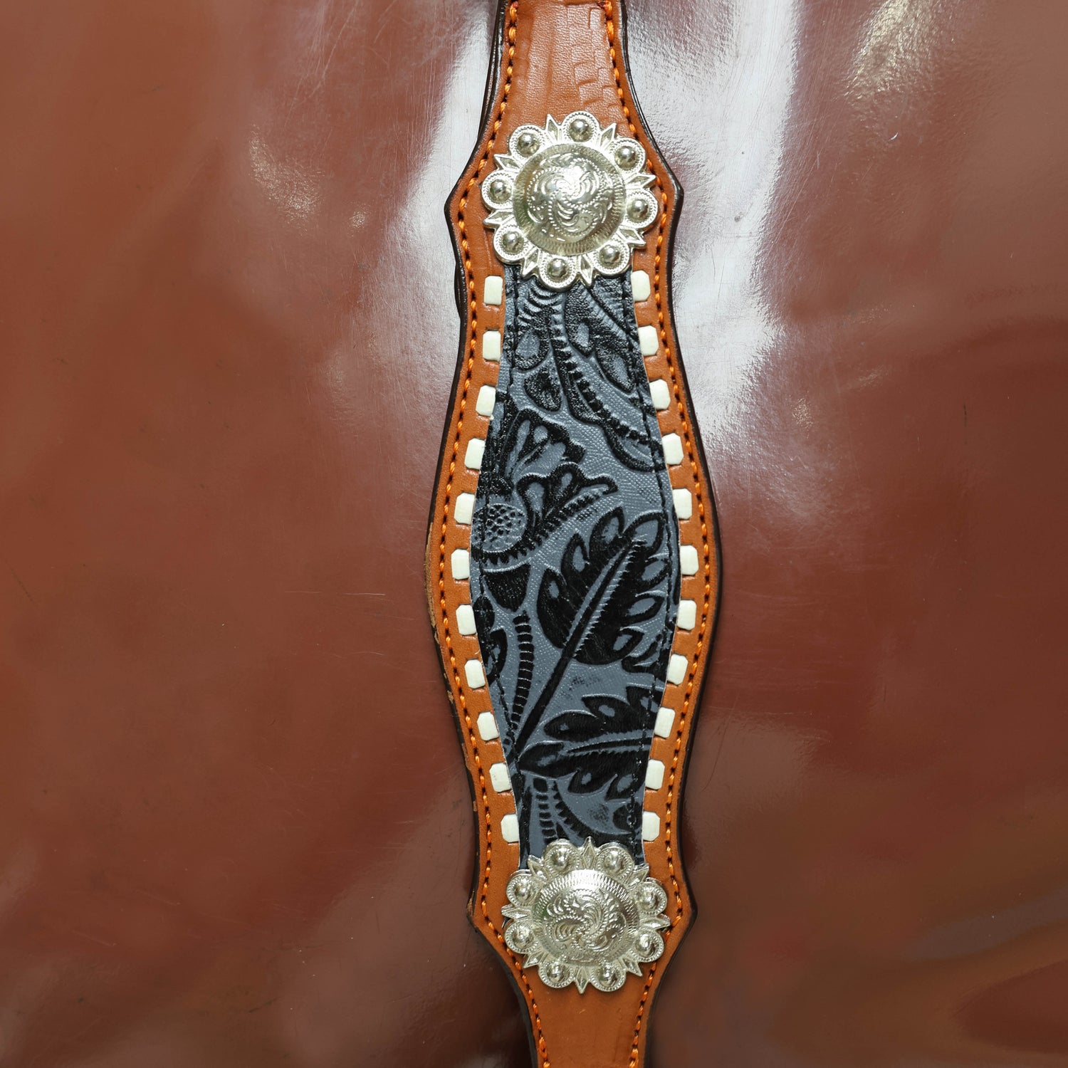 Western Leather Headstall &amp; Breast Collar Set – Grey &amp; Black Flower Embossed Leather