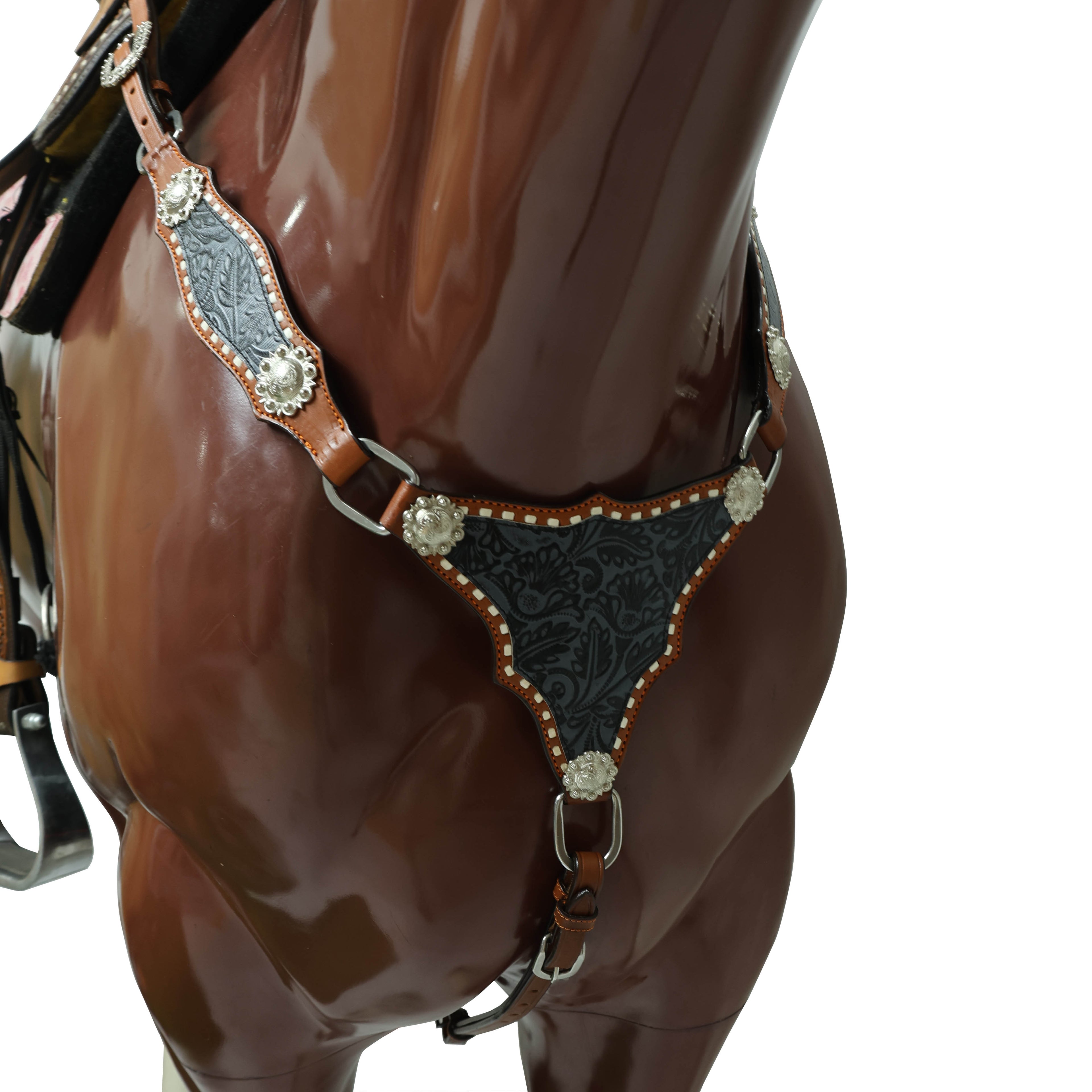 Western Leather Headstall &amp; Breast Collar Set – Grey &amp; Black Flower Embossed Leather
