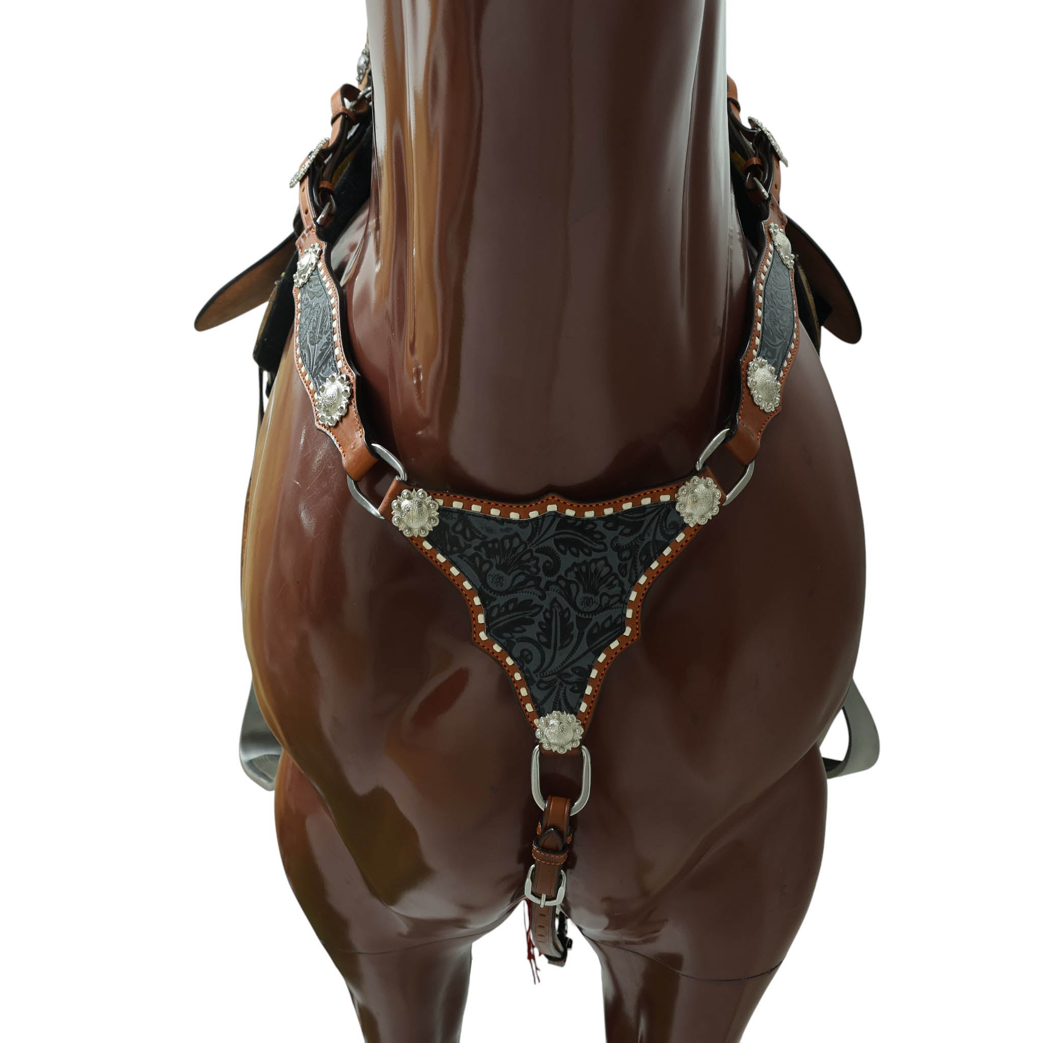 Western Leather Headstall &amp; Breast Collar Set – Grey &amp; Black Flower Embossed Leather