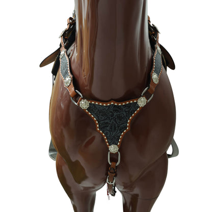 Western Leather Headstall &amp; Breast Collar Set – Grey &amp; Black Flower Embossed Leather