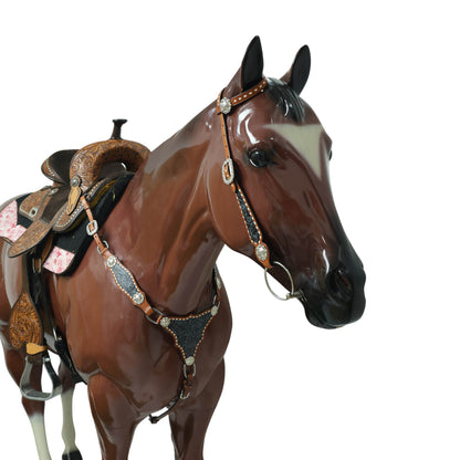 Western Leather Headstall &amp; Breast Collar Set – Grey &amp; Black Flower Embossed Leather