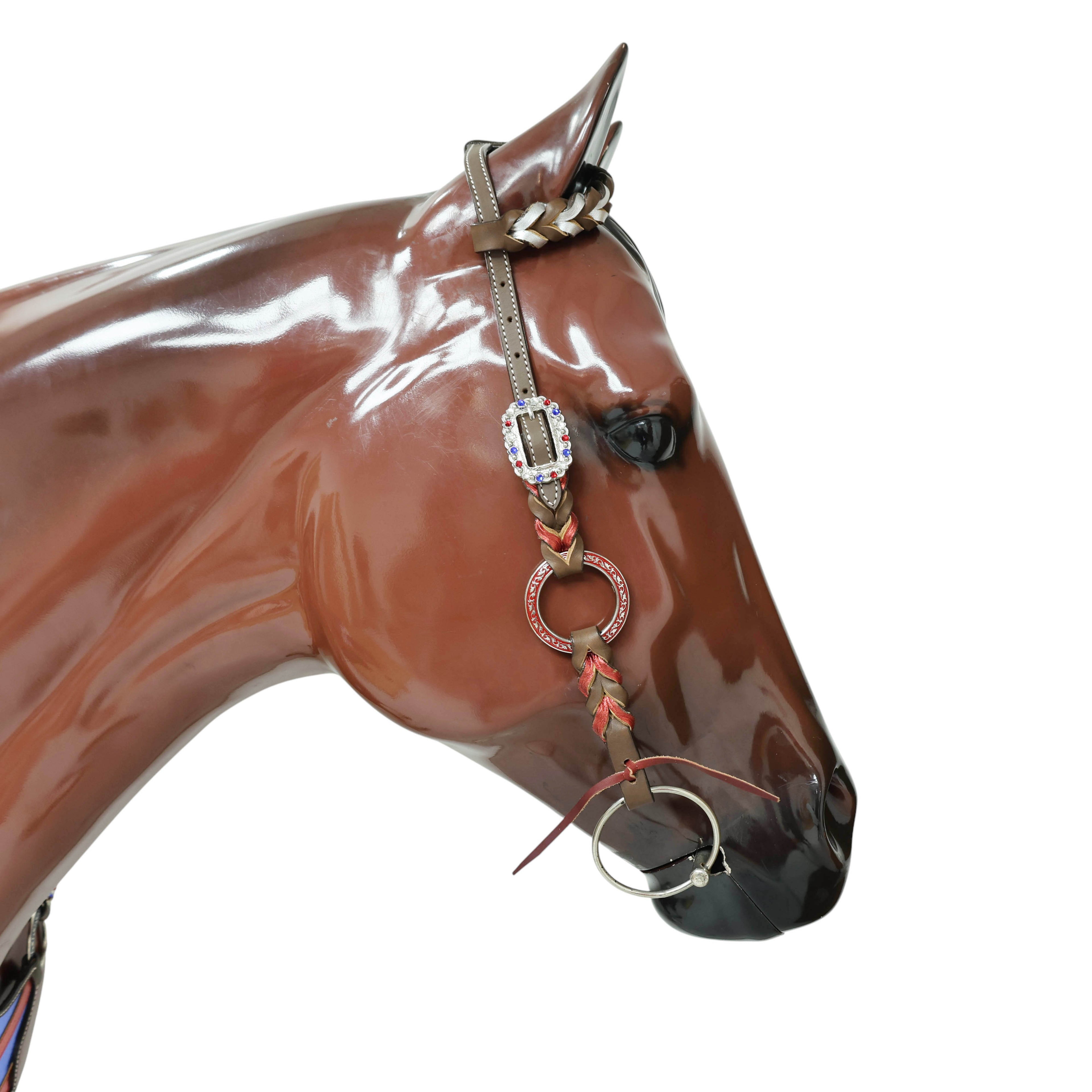 Western Leather One Ear Headstall &amp; Breast Collar Tack Set – Red, Royal Blue &amp; White Ring Flag Design, Criss-Cross Braiding, Genuine Argentina Cow Leather, Antique Nickel Hardware – Full Horse