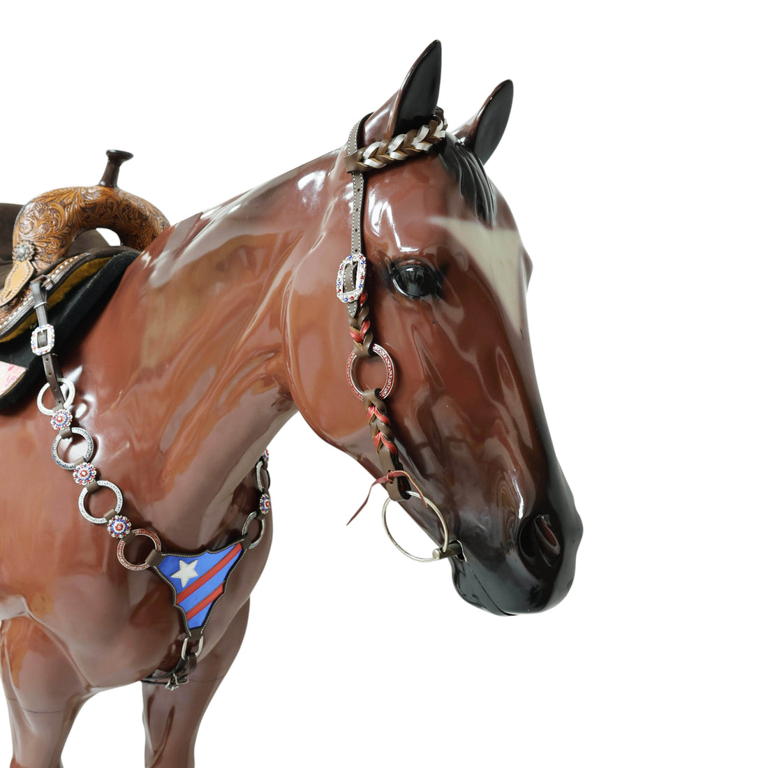 Western Leather One Ear Headstall &amp; Breast Collar Tack Set – Red, Royal Blue &amp; White Ring Flag Design, Criss-Cross Braiding, Genuine Argentina Cow Leather, Antique Nickel Hardware – Full Horse