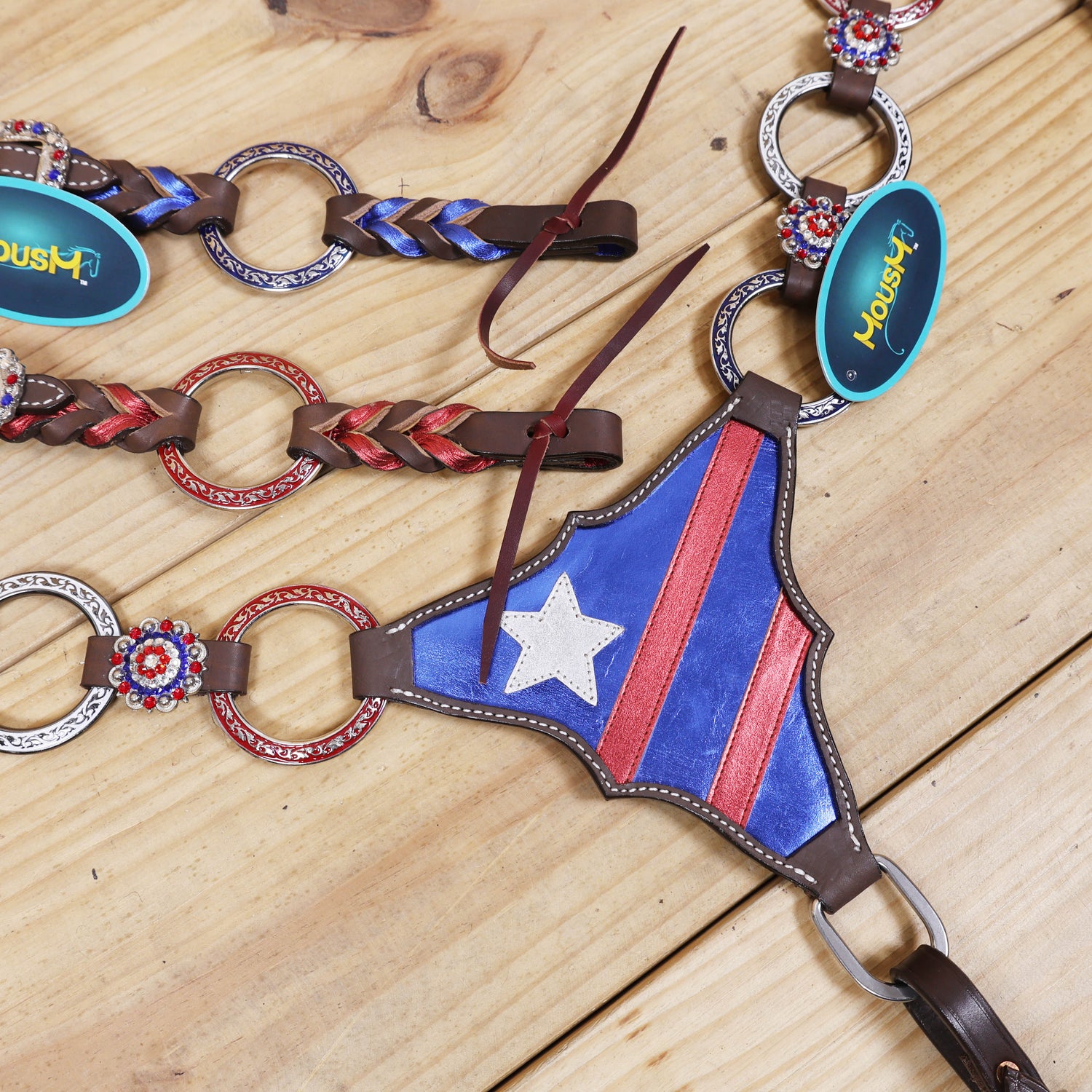 Western Leather One Ear Headstall &amp; Breast Collar Tack Set – Red, Royal Blue &amp; White Ring Flag Design, Criss-Cross Braiding, Genuine Argentina Cow Leather, Antique Nickel Hardware – Full Horse