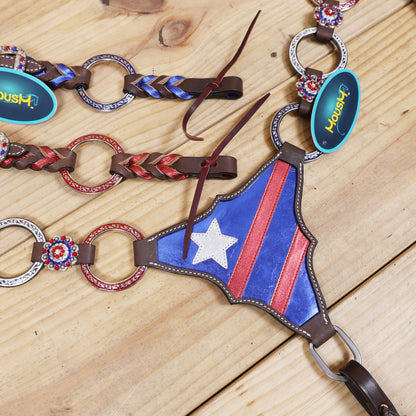 Western Leather One Ear Headstall &amp; Breast Collar Tack Set – Red, Royal Blue &amp; White Ring Flag Design, Criss-Cross Braiding, Genuine Argentina Cow Leather, Antique Nickel Hardware – Full Horse