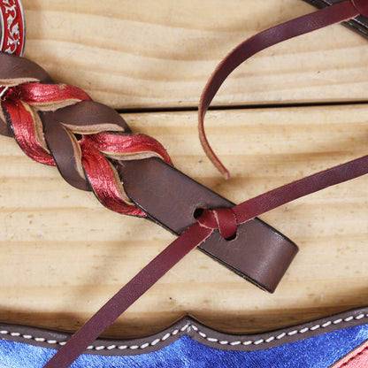 Western Leather One Ear Headstall &amp; Breast Collar Tack Set – Red, Royal Blue &amp; White Ring Flag Design, Criss-Cross Braiding, Genuine Argentina Cow Leather, Antique Nickel Hardware – Full Horse