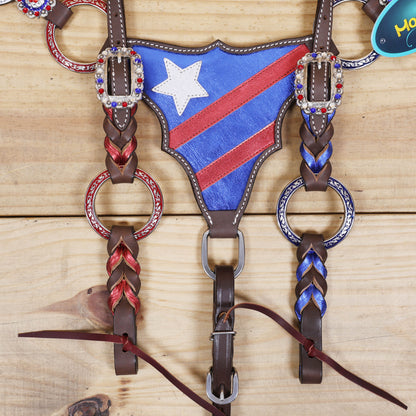 Western Leather One Ear Headstall &amp; Breast Collar Tack Set – Red, Royal Blue &amp; White Ring Flag Design, Criss-Cross Braiding, Genuine Argentina Cow Leather, Antique Nickel Hardware – Full Horse