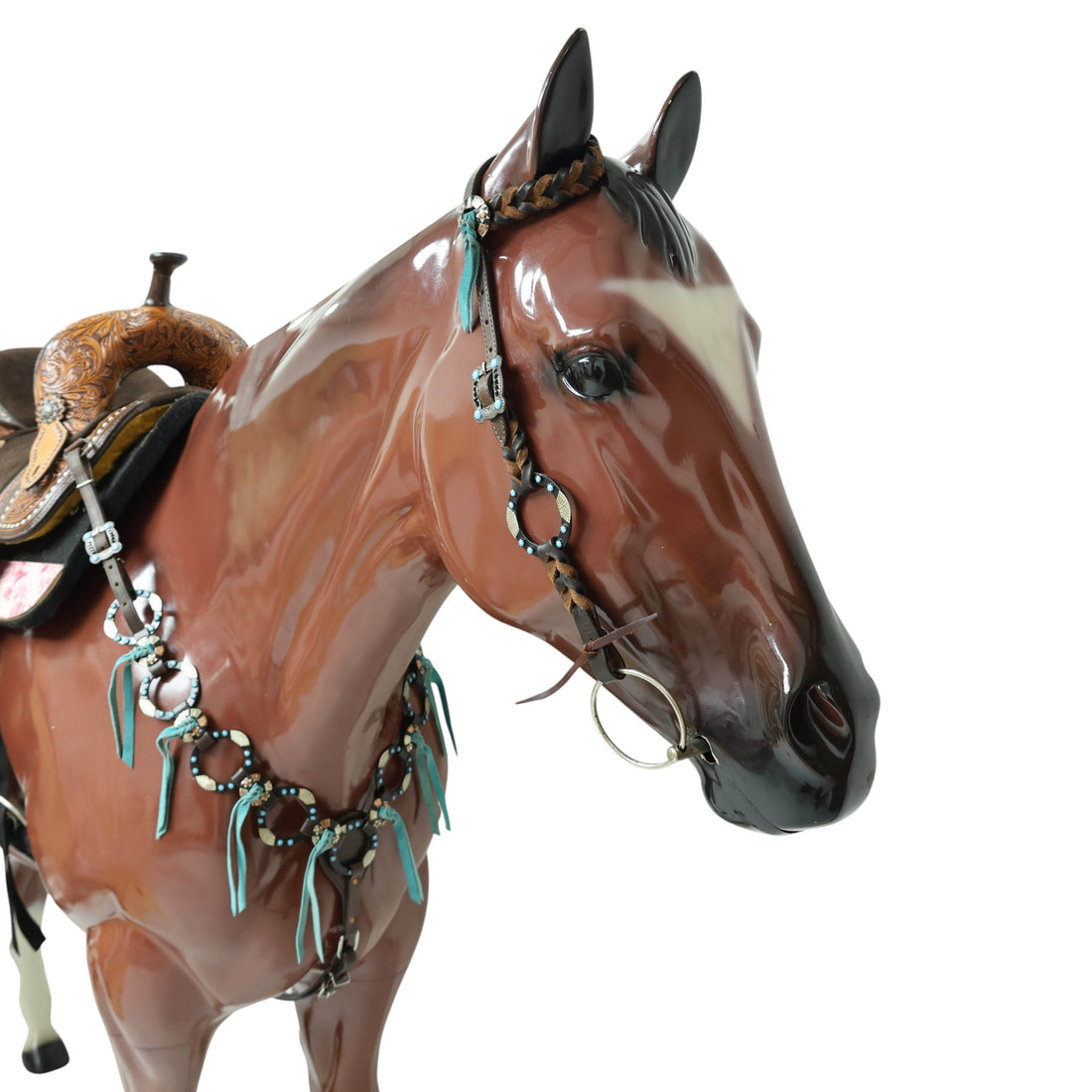 Western Handmade Headstall &amp; Breast Collar Tack Set – 2-Tone Rings with Sky Blue Stones, Antique Slot Conchos, Turquoise Laces, Genuine Argentina Cow Leather – Full Horse