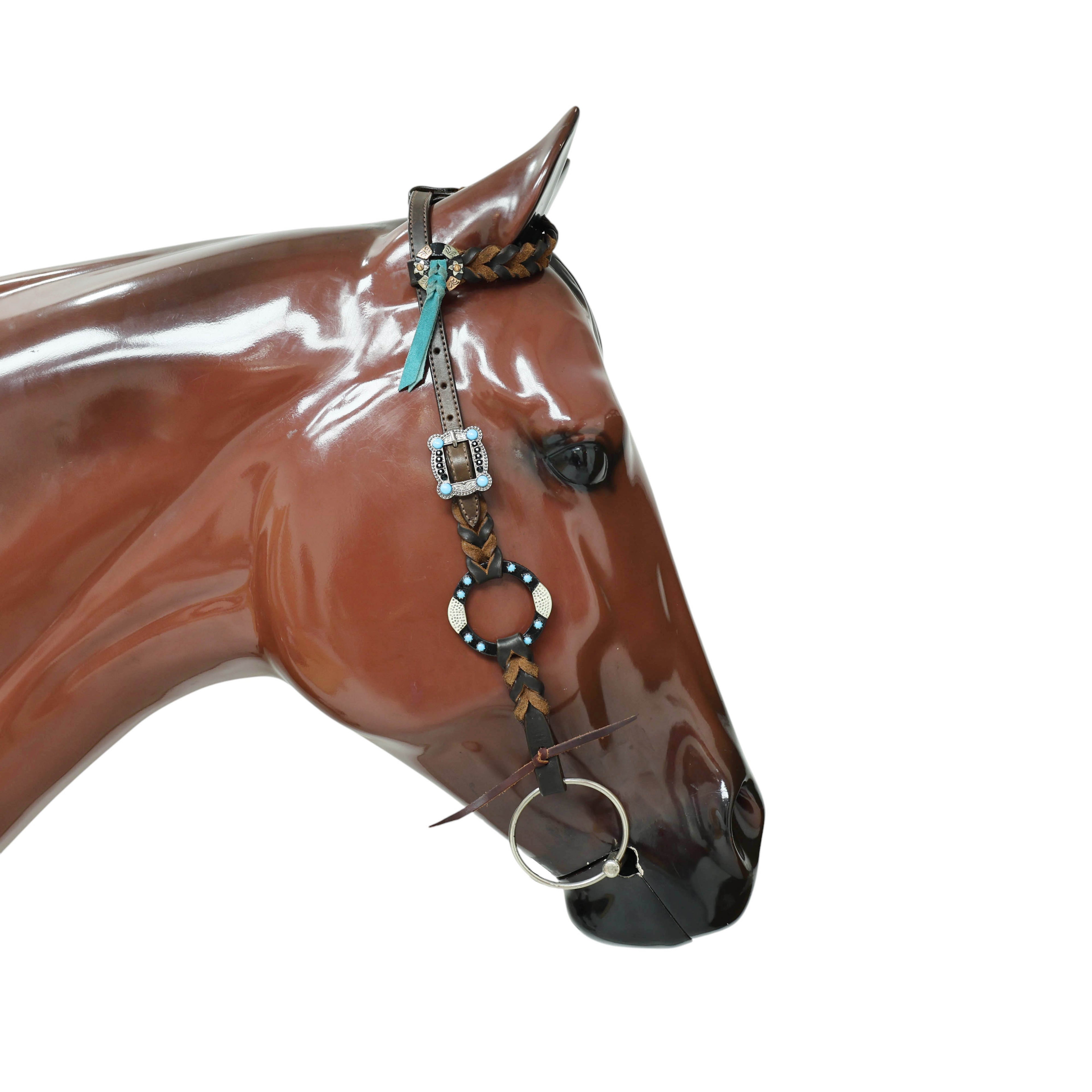 Western Handmade Headstall &amp; Breast Collar Tack Set – 2-Tone Rings with Sky Blue Stones, Antique Slot Conchos, Turquoise Laces, Genuine Argentina Cow Leather – Full Horse