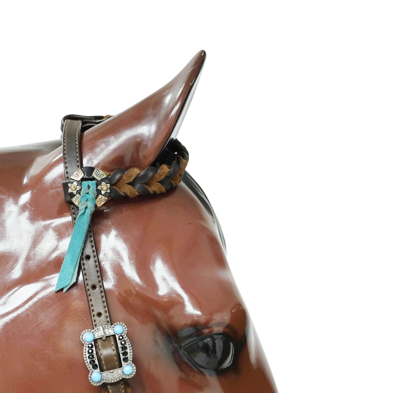 Western Handmade Headstall &amp; Breast Collar Tack Set – 2-Tone Rings with Sky Blue Stones, Antique Slot Conchos, Turquoise Laces, Genuine Argentina Cow Leather – Full Horse