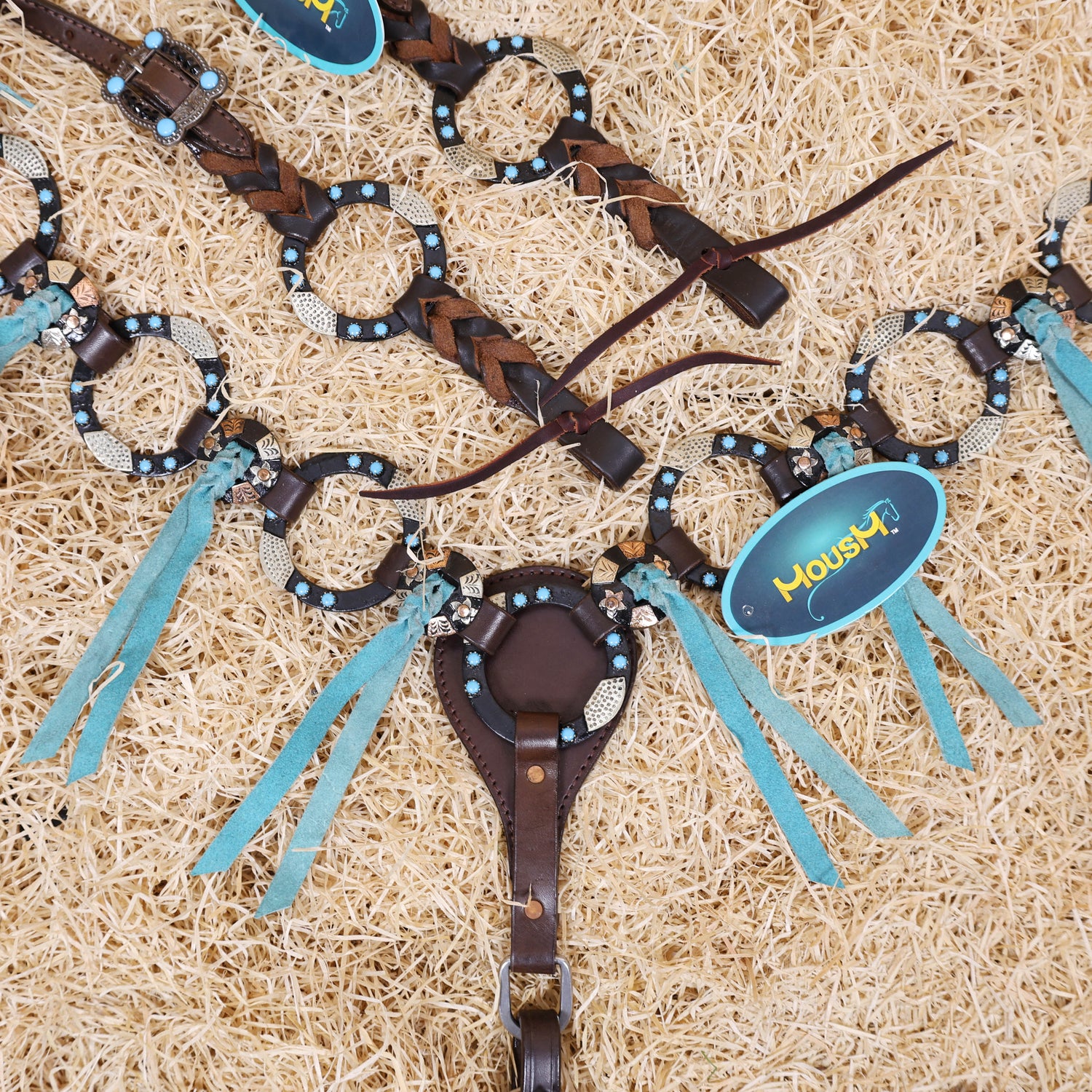 Western Handmade Headstall &amp; Breast Collar Tack Set – 2-Tone Rings with Sky Blue Stones, Antique Slot Conchos, Turquoise Laces, Genuine Argentina Cow Leather – Full Horse