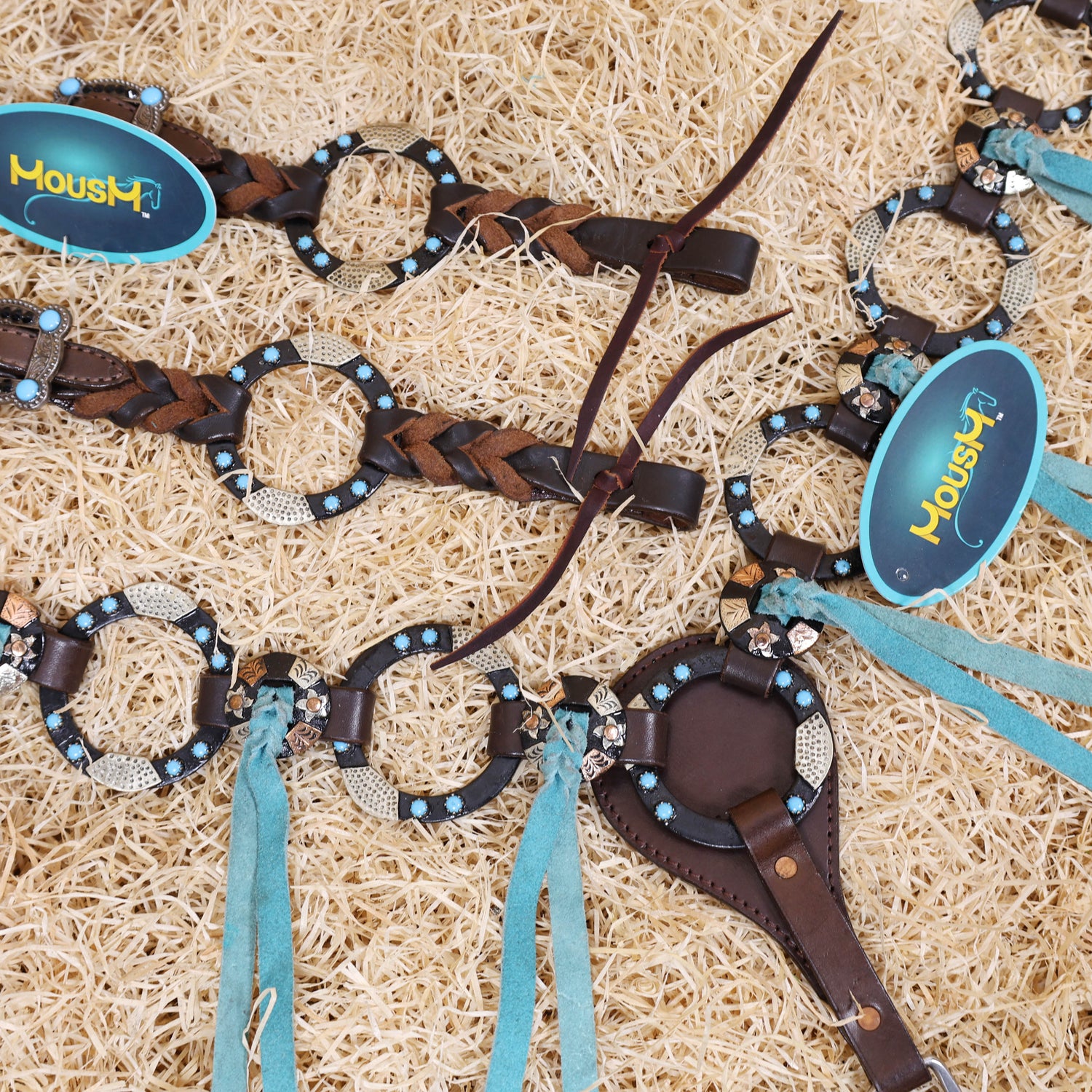 Western Handmade Headstall &amp; Breast Collar Tack Set – 2-Tone Rings with Sky Blue Stones, Antique Slot Conchos, Turquoise Laces, Genuine Argentina Cow Leather – Full Horse