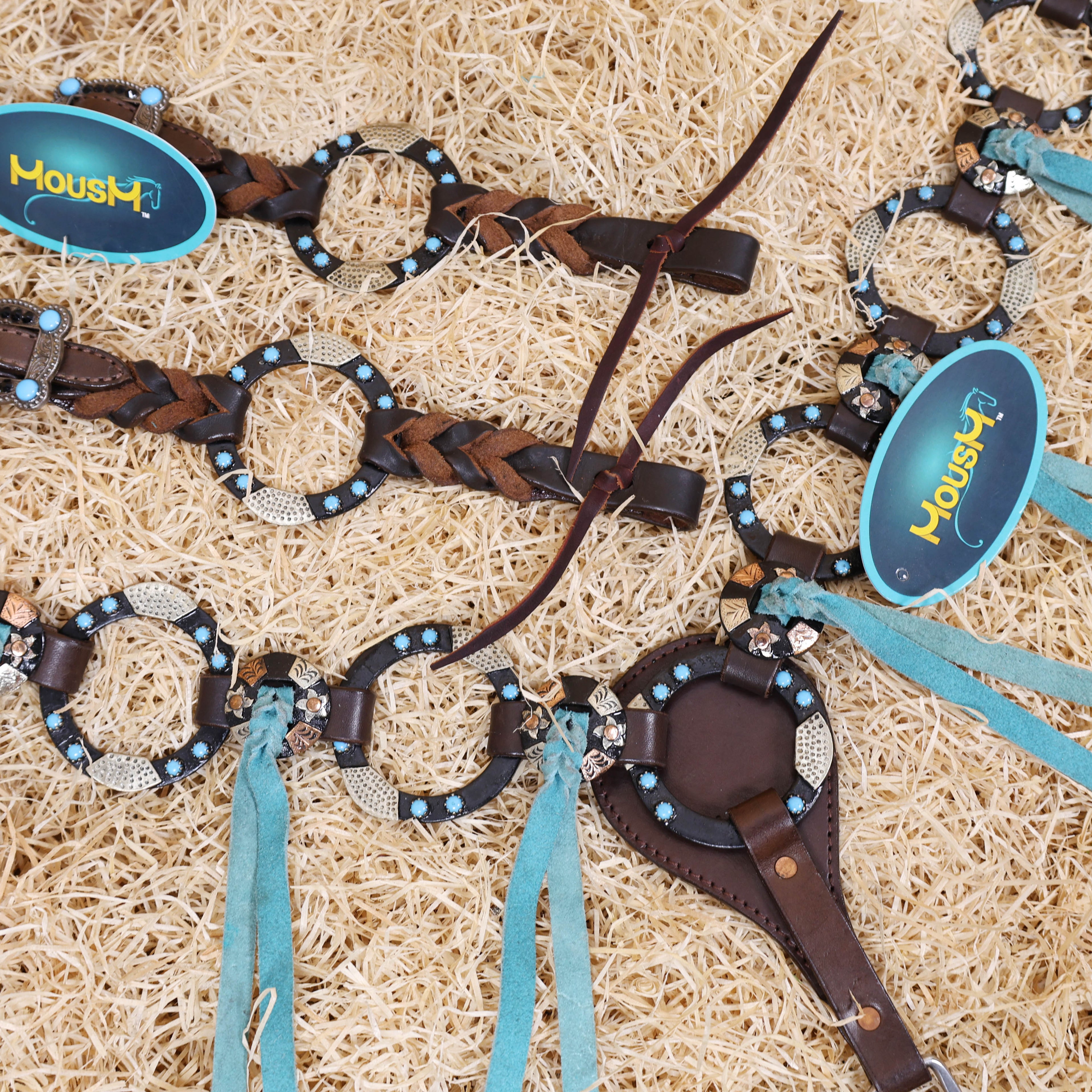 Western Handmade Headstall &amp; Breast Collar Tack Set – 2-Tone Rings with Sky Blue Stones, Antique Slot Conchos, Turquoise Laces, Genuine Argentina Cow Leather – Full Horse