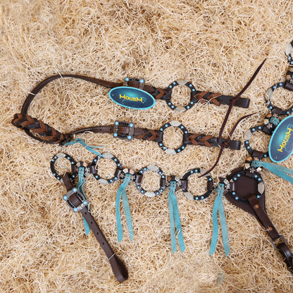 Western Handmade Headstall &amp; Breast Collar Tack Set – 2-Tone Rings with Sky Blue Stones, Antique Slot Conchos, Turquoise Laces, Genuine Argentina Cow Leather – Full Horse