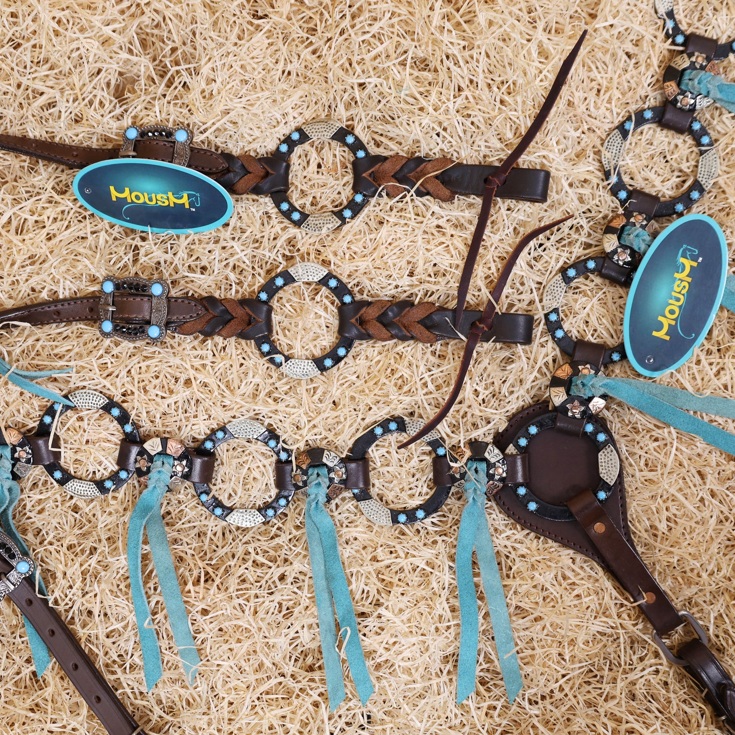 Western Handmade Headstall &amp; Breast Collar Tack Set – 2-Tone Rings with Sky Blue Stones, Antique Slot Conchos, Turquoise Laces, Genuine Argentina Cow Leather – Full Horse