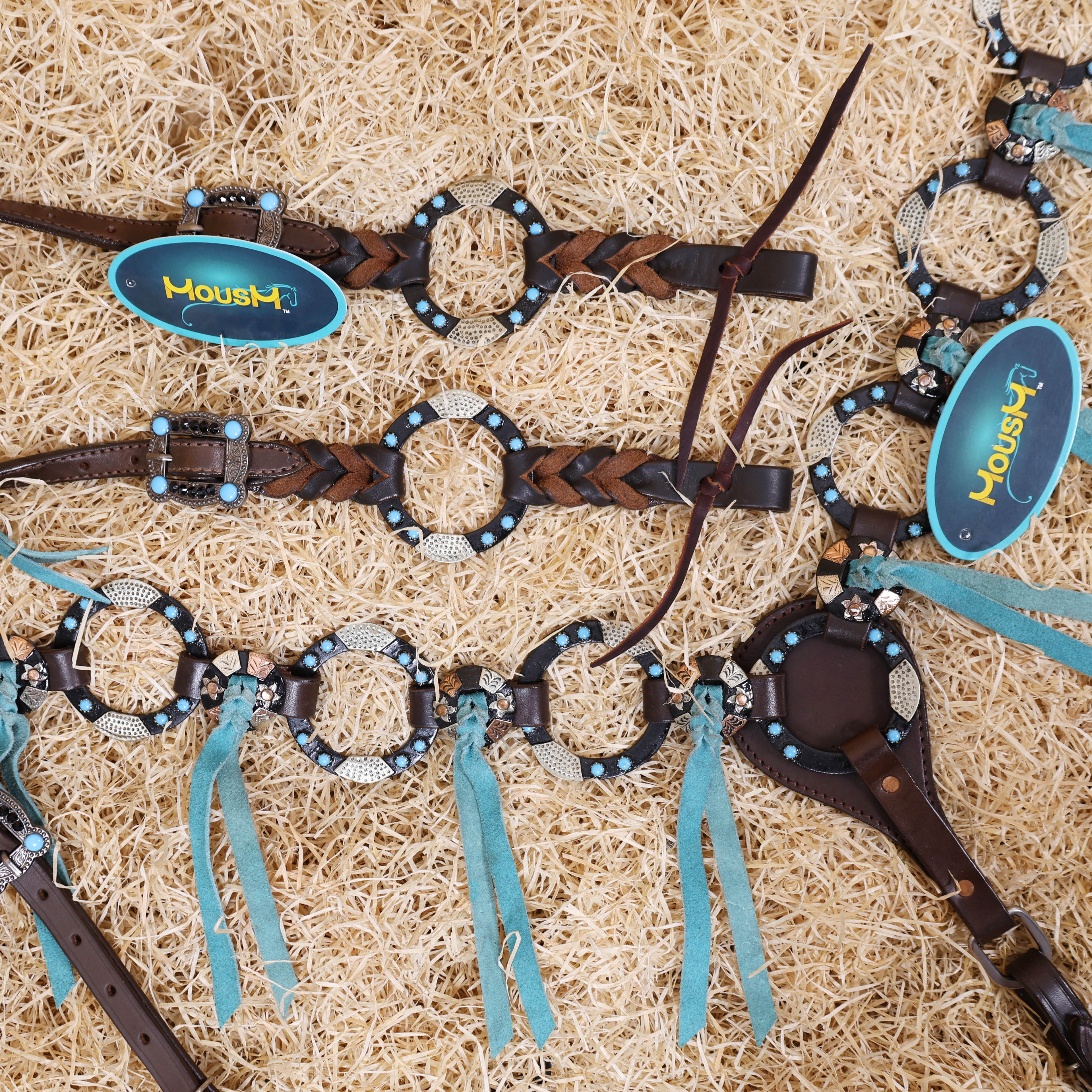Western Handmade Headstall &amp; Breast Collar Tack Set – 2-Tone Rings with Sky Blue Stones, Antique Slot Conchos, Turquoise Laces, Genuine Argentina Cow Leather – Full Horse