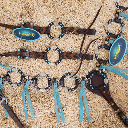 Western Handmade Headstall &amp; Breast Collar Tack Set – 2-Tone Rings with Sky Blue Stones, Antique Slot Conchos, Turquoise Laces, Genuine Argentina Cow Leather – Full Horse
