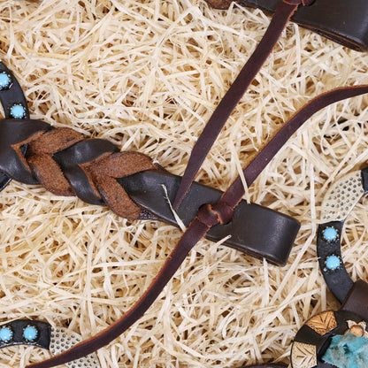 Western Handmade Headstall &amp; Breast Collar Tack Set – 2-Tone Rings with Sky Blue Stones, Antique Slot Conchos, Turquoise Laces, Genuine Argentina Cow Leather – Full Horse
