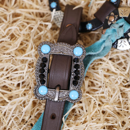 Western Handmade Headstall &amp; Breast Collar Tack Set – 2-Tone Rings with Sky Blue Stones, Antique Slot Conchos, Turquoise Laces, Genuine Argentina Cow Leather – Full Horse