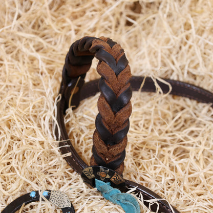 Western Handmade Headstall &amp; Breast Collar Tack Set – 2-Tone Rings with Sky Blue Stones, Antique Slot Conchos, Turquoise Laces, Genuine Argentina Cow Leather – Full Horse