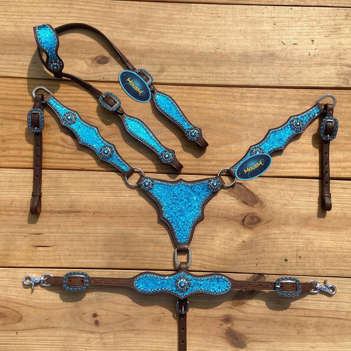 Teal Glitter Alligator with Silver Studs Headstall Tack Set