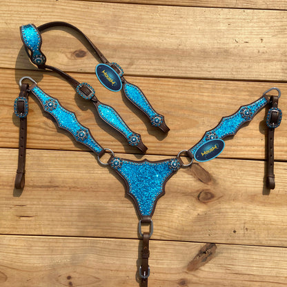 Teal Glitter Alligator with Silver Studs Headstall Tack Set