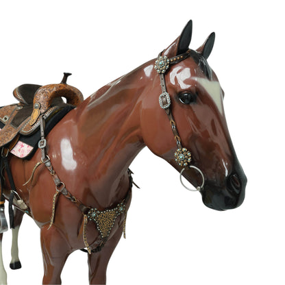 Western Leather Headstall and Breast Collar tack Set decorated with Leopard Print having cress cross braiding with leopard laces