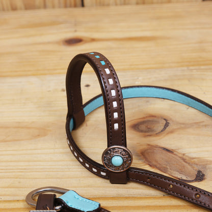 Western Leather Headstall and Breast Collar tack Set decorated with  Aztec-style rawhide braiding on breast collar and cheek pieces, and twisted braided breast collar and cheek piece