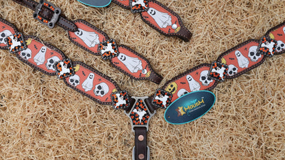 design for halloween parties, printed spooky ghosts and skulls on western headstall and breast collar set.