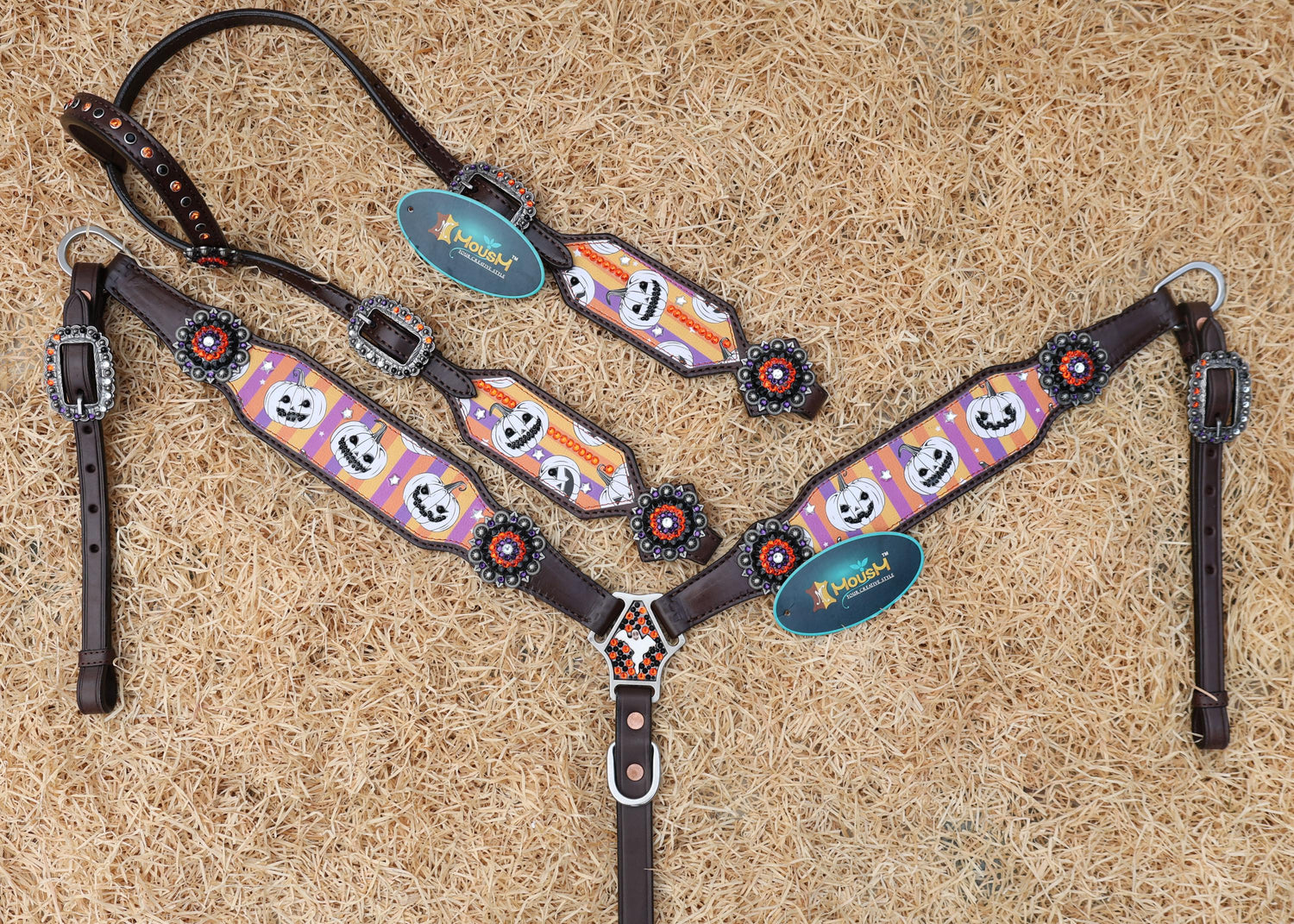 spooky laughing pumpkin print on western breast collar and cheekpiece of headstall with orange and purple stripes