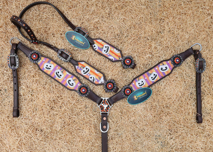 spooky laughing pumpkin print on western breast collar and cheekpiece of headstall with orange and purple stripes