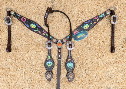 Leather horse tack set with printed spooky pumpkins and bats, fluorescent design perfect for Halloween