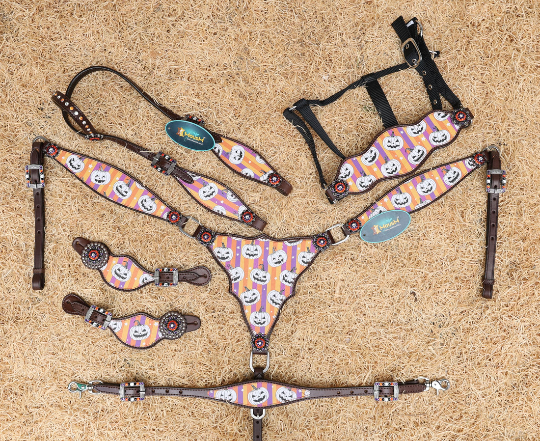 halloween western tack set with laughing pumpkins, purple orange stripes, and rhinestone conchos