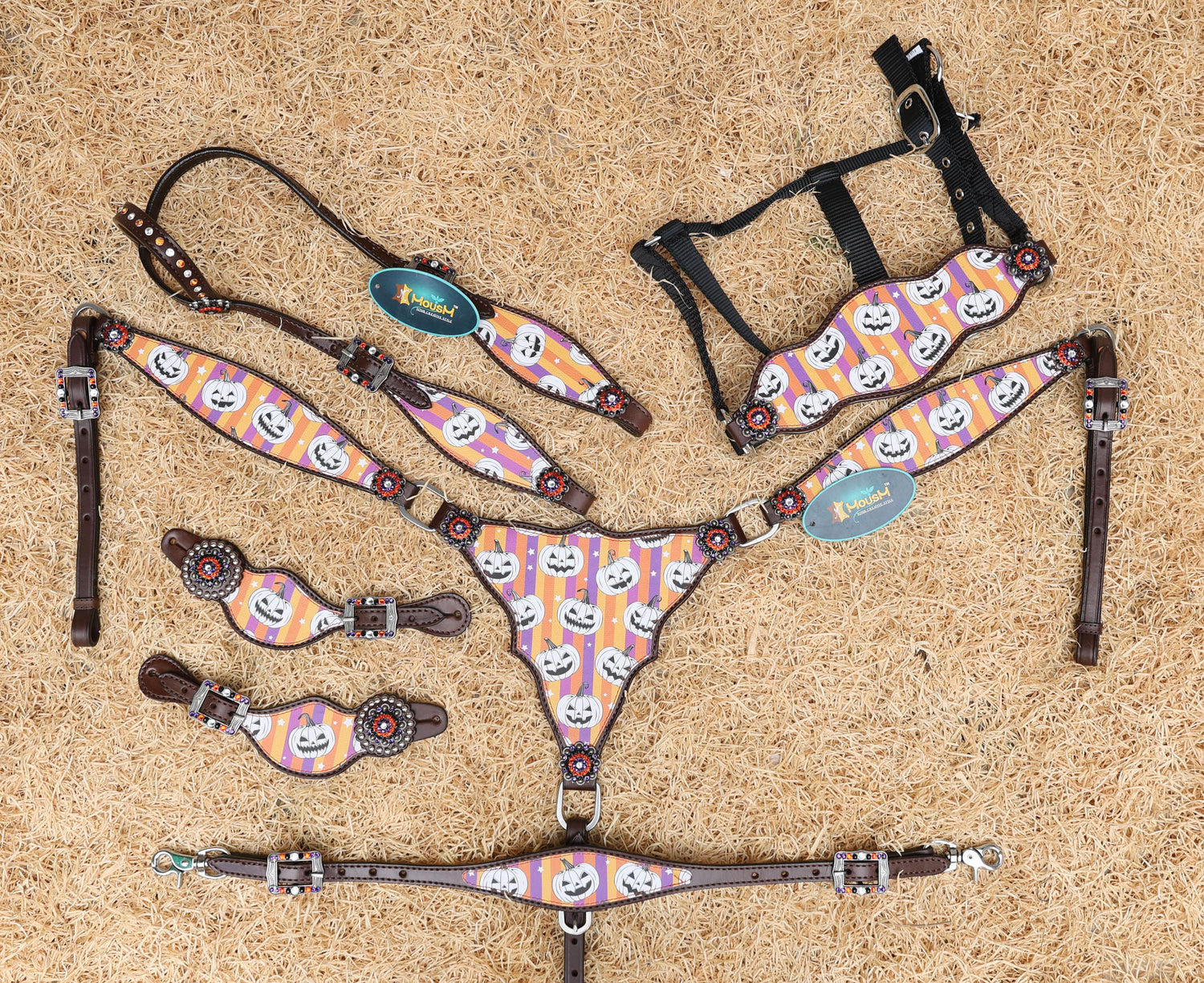 halloween western tack set with laughing pumpkins, purple orange stripes, and rhinestone conchos
