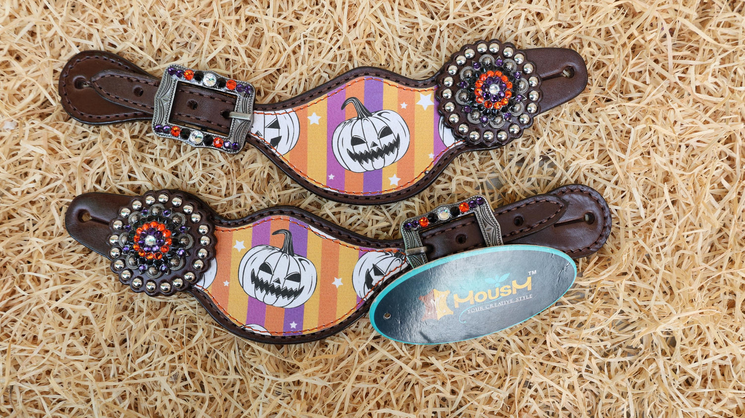 Spooky western spur strap with pumpkin and purple-orange stripes print