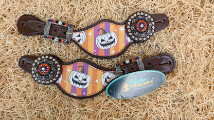 Spooky western spur strap with pumpkin and purple-orange stripes print