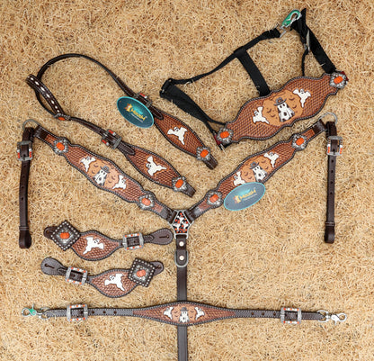 Spooky cowhide Western horse tack set with cowboy ghost print