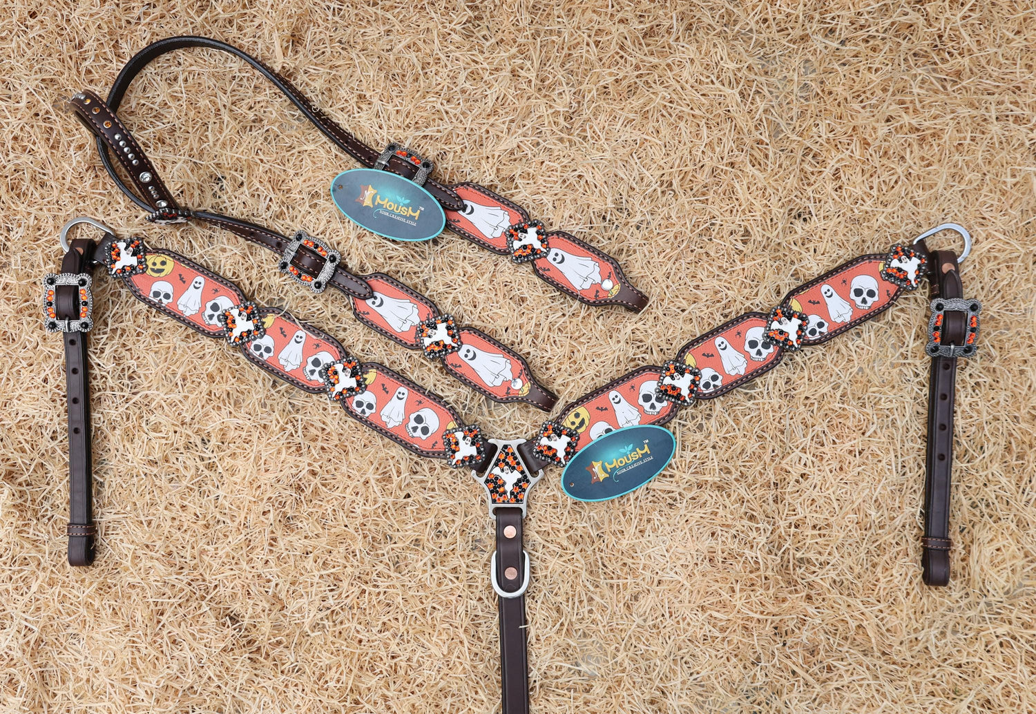 leather headstall tack set with orange and white pattern featuring spooky ghosts and skulls 