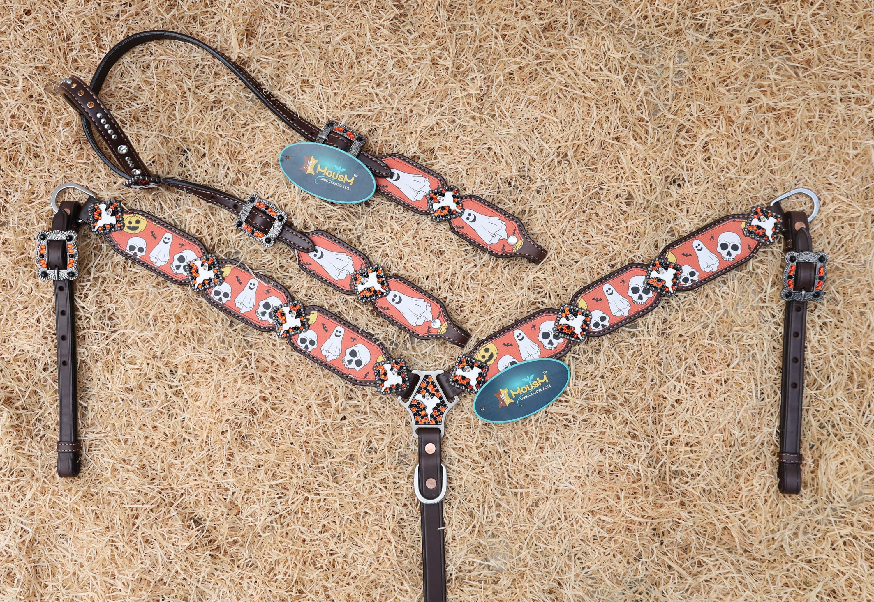 leather headstall tack set with orange and white pattern featuring spooky ghosts and skulls 