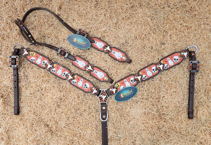 leather headstall tack set with orange and white pattern featuring spooky ghosts and skulls 