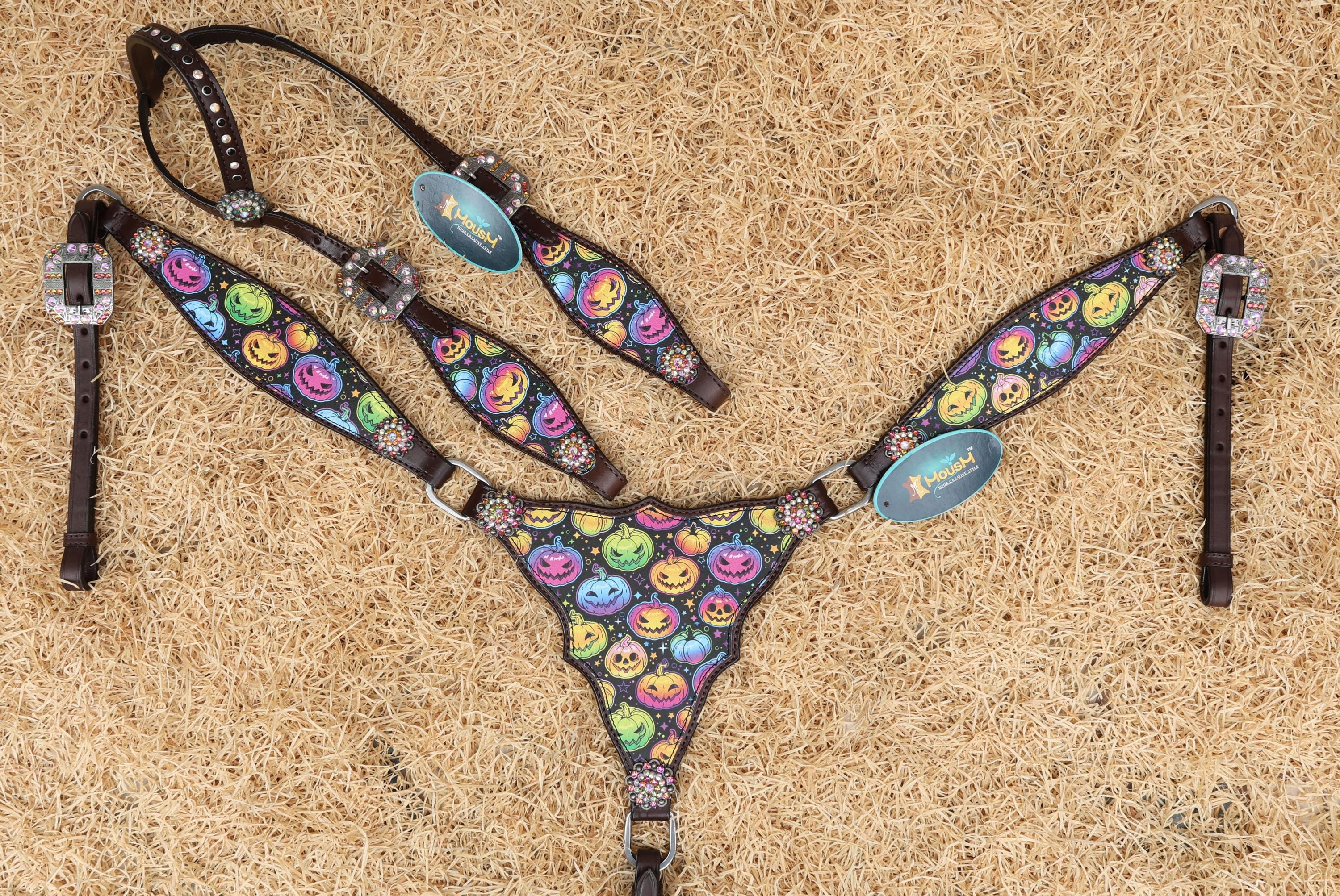 spooky pumpkins western horse headstall, a vibrant, colorful, fluorescent pumpkin and bat print, with rhinestone conchos



